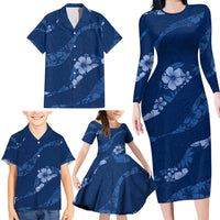 Aloha Hawaii Floral Tapa Family Matching Long Sleeve Bodycon Dress and Hawaiian Shirt Patchwork Navy - Polynesian Pride