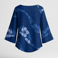 Aloha Hawaii Floral Tapa Kimono Sleeve Blouse Patchwork Navy - Polynesian Pride
