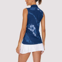 Aloha Hawaii Floral Tapa Women Sleeveless Polo Shirt Patchwork Navy - Polynesian Pride