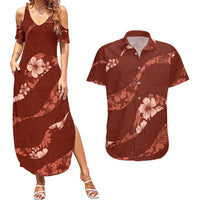 Aloha Hawaii Floral Tapa Couples Matching Summer Maxi Dress and Hawaiian Shirt Patchwork Crimson - Polynesian Pride