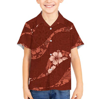 Aloha Hawaii Floral Tapa Family Matching Long Sleeve Bodycon Dress and Hawaiian Shirt Patchwork Crimson - Polynesian Pride
