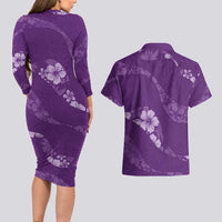 Aloha Hawaii Floral Tapa Couples Matching Long Sleeve Bodycon Dress and Hawaiian Shirt Patchwork Violet - Polynesian Pride