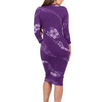 Aloha Hawaii Floral Tapa Family Matching Long Sleeve Bodycon Dress and Hawaiian Shirt Patchwork Violet - Polynesian Pride