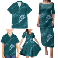 Aloha Hawaii Floral Tapa Family Matching Puletasi and Hawaiian Shirt Patchwork Teal - Polynesian Pride