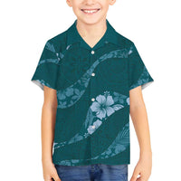 Aloha Hawaii Floral Tapa Family Matching Puletasi and Hawaiian Shirt Patchwork Teal - Polynesian Pride