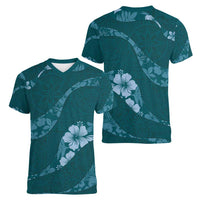Aloha Hawaii Floral Tapa Women V-Neck T-Shirt Patchwork Teal - Polynesian Pride