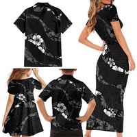 Aloha Hawaii Floral Tapa Family Matching Short Sleeve Bodycon Dress and Hawaiian Shirt Patchwork Charcoal - Polynesian Pride