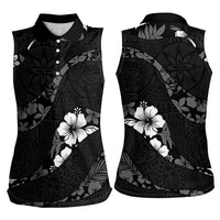 Aloha Hawaii Floral Tapa Women Sleeveless Polo Shirt Patchwork Charcoal - Polynesian Pride