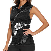 Aloha Hawaii Floral Tapa Women Sleeveless Polo Shirt Patchwork Charcoal - Polynesian Pride