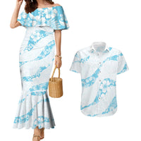 Aloha Hawaii Floral Tapa Couples Matching Mermaid Dress and Hawaiian Shirt Patchwork Turquoise - Polynesian Pride