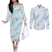 Aloha Hawaii Floral Tapa Couples Matching Off The Shoulder Long Sleeve Dress and Long Sleeve Button Shirt Patchwork Turquoise - Polynesian Pride
