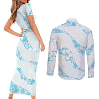 Aloha Hawaii Floral Tapa Couples Matching Short Sleeve Bodycon Dress and Long Sleeve Button Shirt Patchwork Turquoise - Polynesian Pride