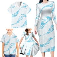 Aloha Hawaii Floral Tapa Family Matching Long Sleeve Bodycon Dress and Hawaiian Shirt Patchwork Turquoise - Polynesian Pride