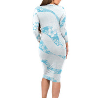 Aloha Hawaii Floral Tapa Family Matching Long Sleeve Bodycon Dress and Hawaiian Shirt Patchwork Turquoise - Polynesian Pride