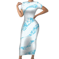 Aloha Hawaii Floral Tapa Family Matching Short Sleeve Bodycon Dress and Hawaiian Shirt Patchwork Turquoise - Polynesian Pride