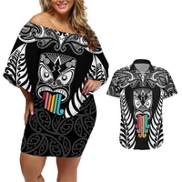 Personalised Kia Kaha Te Reo Maori Couples Matching Off Shoulder Short Dress and Hawaiian Shirt Hei Tiki Mix Koru - Black LT7 Black - Polynesian Pride