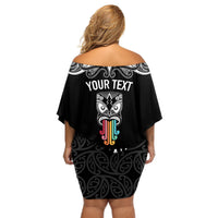 Personalised Kia Kaha Te Reo Maori Off Shoulder Short Dress Hei Tiki Mix Koru - Black LT7 - Polynesian Pride