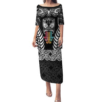 Personalised Kia Kaha Te Reo Maori Puletasi Hei Tiki Mix Koru - Black LT7 Long Dress Black - Polynesian Pride