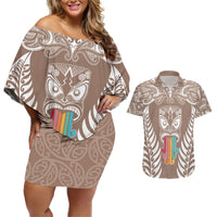 Personalised Kia Kaha Te Reo Maori Couples Matching Off Shoulder Short Dress and Hawaiian Shirt Hei Tiki Mix Koru - Brown LT7 Brown - Polynesian Pride