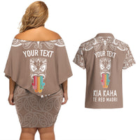 Personalised Kia Kaha Te Reo Maori Couples Matching Off Shoulder Short Dress and Hawaiian Shirt Hei Tiki Mix Koru - Brown LT7 - Polynesian Pride