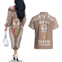 personalised-kia-kaha-te-reo-maori-couples-matching-off-the-shoulder-long-sleeve-dress-and-hawaiian-shirt-hei-tiki-mix-koru-brown