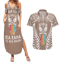 Personalised Kia Kaha Te Reo Maori Couples Matching Summer Maxi Dress and Hawaiian Shirt Hei Tiki Mix Koru - Brown LT7 Brown - Polynesian Pride
