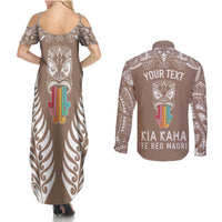 personalised-kia-kaha-te-reo-maori-couples-matching-summer-maxi-dress-and-long-sleeve-button-shirts-hei-tiki-mix-koru-brown