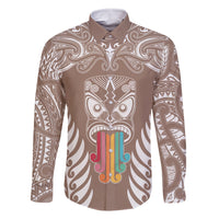 personalised-kia-kaha-te-reo-maori-family-matching-off-shoulder-long-sleeve-dress-and-hawaiian-shirt-hei-tiki-mix-koru-brown