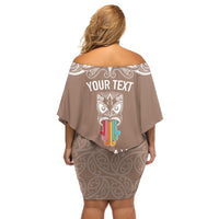 Personalised Kia Kaha Te Reo Maori Off Shoulder Short Dress Hei Tiki Mix Koru - Brown LT7 - Polynesian Pride