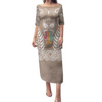 Personalised Kia Kaha Te Reo Maori Puletasi Hei Tiki Mix Koru - Brown LT7 Long Dress Brown - Polynesian Pride