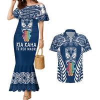 Personalised Kia Kaha Te Reo Maori Couples Matching Mermaid Dress and Hawaiian Shirt Hei Tiki Mix Koru - Navy Blue LT7 Navy - Polynesian Pride