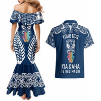 Personalised Kia Kaha Te Reo Maori Couples Matching Mermaid Dress and Hawaiian Shirt Hei Tiki Mix Koru - Navy Blue LT7 - Polynesian Pride