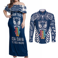 personalised-kia-kaha-te-reo-maori-couples-matching-off-shoulder-maxi-dress-and-long-sleeve-button-shirts-hei-tiki-mix-koru-navy-blue