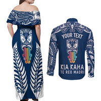 personalised-kia-kaha-te-reo-maori-couples-matching-off-shoulder-maxi-dress-and-long-sleeve-button-shirts-hei-tiki-mix-koru-navy-blue