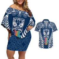 Personalised Kia Kaha Te Reo Maori Couples Matching Off Shoulder Short Dress and Hawaiian Shirt Hei Tiki Mix Koru - Navy Blue LT7 Navy - Polynesian Pride
