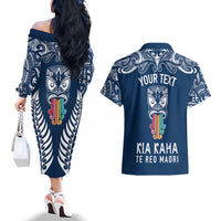personalised-kia-kaha-te-reo-maori-couples-matching-off-the-shoulder-long-sleeve-dress-and-hawaiian-shirt-hei-tiki-mix-koru-navy-blue