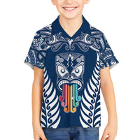 Personalised Kia Kaha Te Reo Maori Family Matching Puletasi Dress and Hawaiian Shirt Hei Tiki Mix Koru - Navy Blue LT7 Son's Shirt Navy - Polynesian Pride