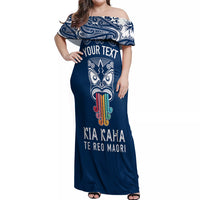 Personalised Kia Kaha Te Reo Maori Off Shoulder Maxi Dress Hei Tiki Mix Koru - Navy Blue LT7 Women Navy - Polynesian Pride