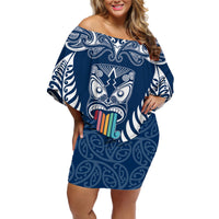Personalised Kia Kaha Te Reo Maori Off Shoulder Short Dress Hei Tiki Mix Koru - Navy Blue LT7 Women Navy - Polynesian Pride