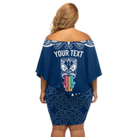 Personalised Kia Kaha Te Reo Maori Off Shoulder Short Dress Hei Tiki Mix Koru - Navy Blue LT7 - Polynesian Pride