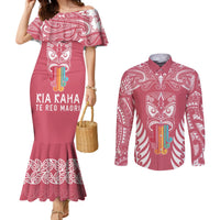 personalised-kia-kaha-te-reo-maori-couples-matching-mermaid-dress-and-long-sleeve-button-shirts-hei-tiki-mix-koru-pink