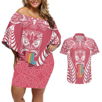 Personalised Kia Kaha Te Reo Maori Couples Matching Off Shoulder Short Dress and Hawaiian Shirt Hei Tiki Mix Koru - Pink LT7 Pink - Polynesian Pride