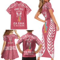 personalised-kia-kaha-te-reo-maori-family-matching-short-sleeve-bodycon-dress-and-hawaiian-shirt-hei-tiki-mix-koru-pink