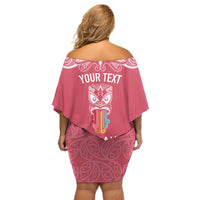 Personalised Kia Kaha Te Reo Maori Off Shoulder Short Dress Hei Tiki Mix Koru - Pink LT7 - Polynesian Pride