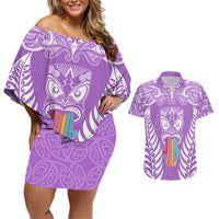 personalised-kia-kaha-te-reo-maori-couples-matching-off-shoulder-short-dress-and-hawaiian-shirt-hei-tiki-mix-koru-purple
