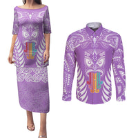 Personalised Kia Kaha Te Reo Maori Couples Matching Puletasi Dress and Long Sleeve Button Shirts Hei Tiki Mix Koru - Purple LT7 Purple - Polynesian Pride