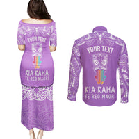 Personalised Kia Kaha Te Reo Maori Couples Matching Puletasi Dress and Long Sleeve Button Shirts Hei Tiki Mix Koru - Purple LT7 - Polynesian Pride
