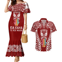 Personalised Kia Kaha Te Reo Maori Couples Matching Mermaid Dress and Hawaiian Shirt Hei Tiki Mix Koru - Red LT7 Red - Polynesian Pride