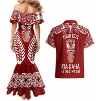 Personalised Kia Kaha Te Reo Maori Couples Matching Mermaid Dress and Hawaiian Shirt Hei Tiki Mix Koru - Red LT7 - Polynesian Pride