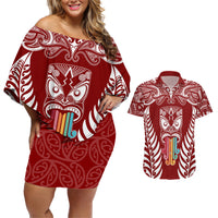Personalised Kia Kaha Te Reo Maori Couples Matching Off Shoulder Short Dress and Hawaiian Shirt Hei Tiki Mix Koru - Red LT7 Red - Polynesian Pride